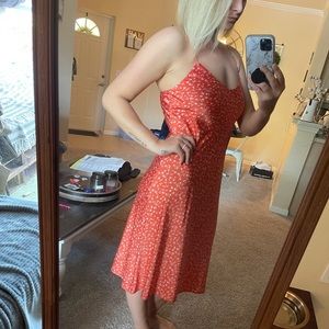 Peachy pink satin spaghetti strap slip dress